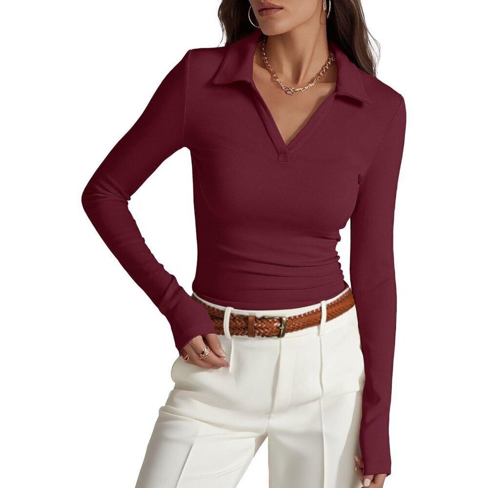 Women’s Long Sleeve Polo Shirt Business Casual Fitted Collared V Neck Top